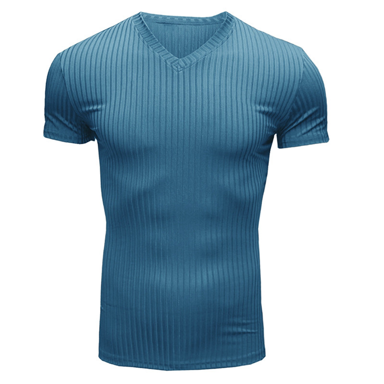 thumbnail image 2 of Camiseta de cuello en V ajustada para hombre: camiseta elástica de manga corta para culturismo, 95 % poliéster, 5 % elastano, tejido de canalé para el gimnasio y el entrenamiento., 2 of 6